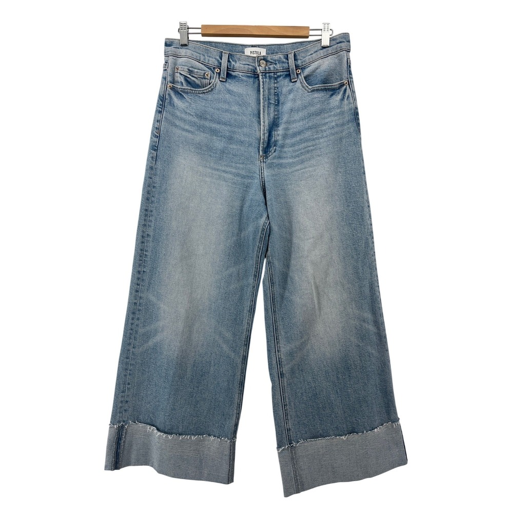 Pistola Lana Crop Wide Leg Jeans in Snowcat Raw Hem Cuffed Blue Denim Size 31 - Picture 3 of 12